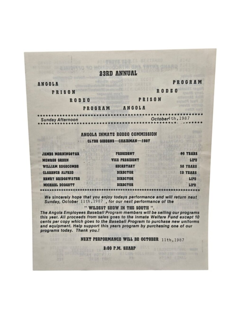 23rd Annual Angola Prison Rodeo Program October 4th 1987 Historic Memorabilia
